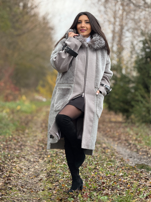 Palton gri cu guler din blana naturala [10]