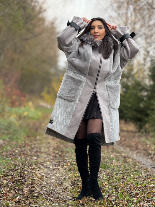 Palton gri cu guler din blana naturala [8]