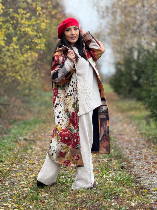 Palton lung cu imprimeu floral si design modern [2]