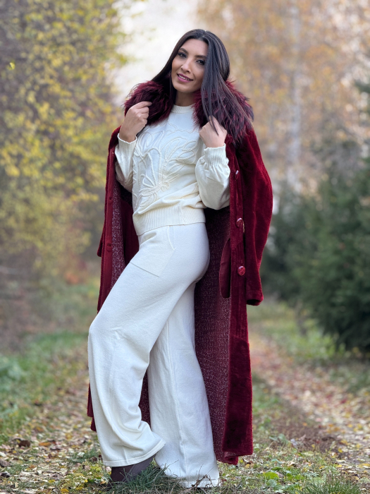 Palton rosu cu guler din blana naturala [8]