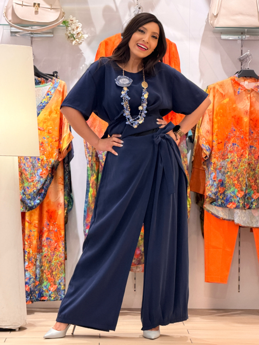 Pantaloni bleumarin cu funda in talie [5]