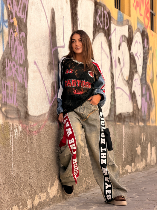 Pantaloni cargo cu efect denim si benzi contrastante [4]