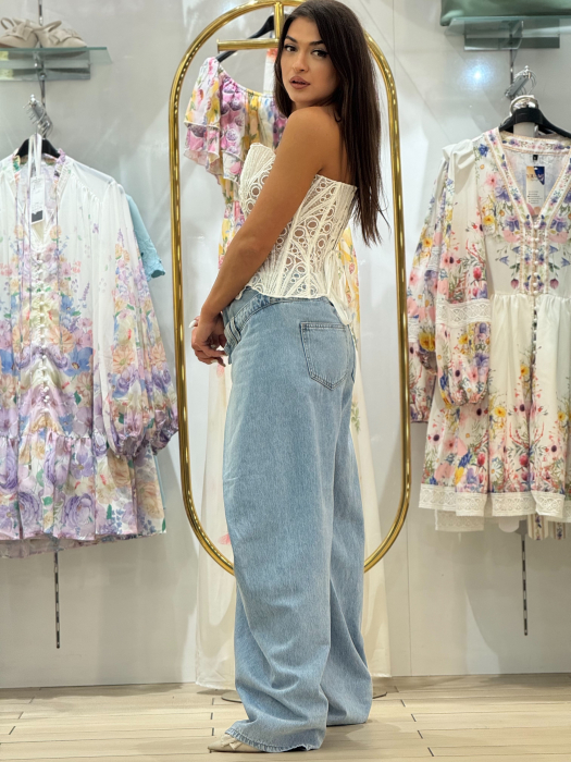 Pantaloni din denim cu talie asimetrica si design modern suprapus [3]