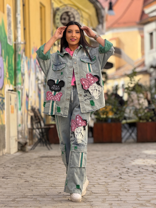 Pantaloni din jeans cu Mikey si dunga verde [5]