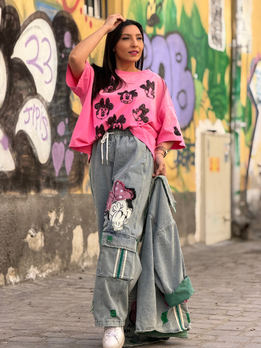 Pantaloni din jeans cu Mikey si dunga verde [7]