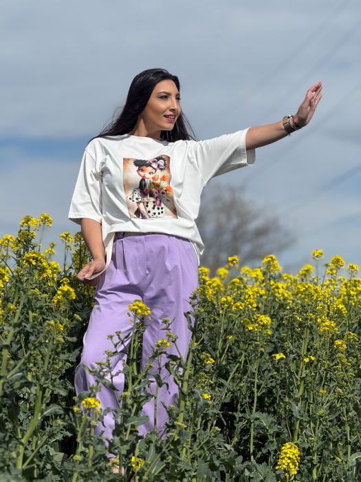 Pantaloni mov cu curea in talie [3]