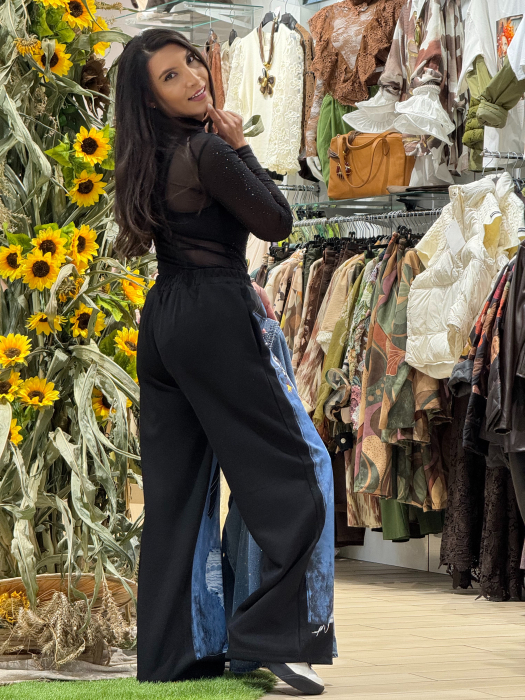 Pantaloni negri cu imprimeu denim si ursulet [3]