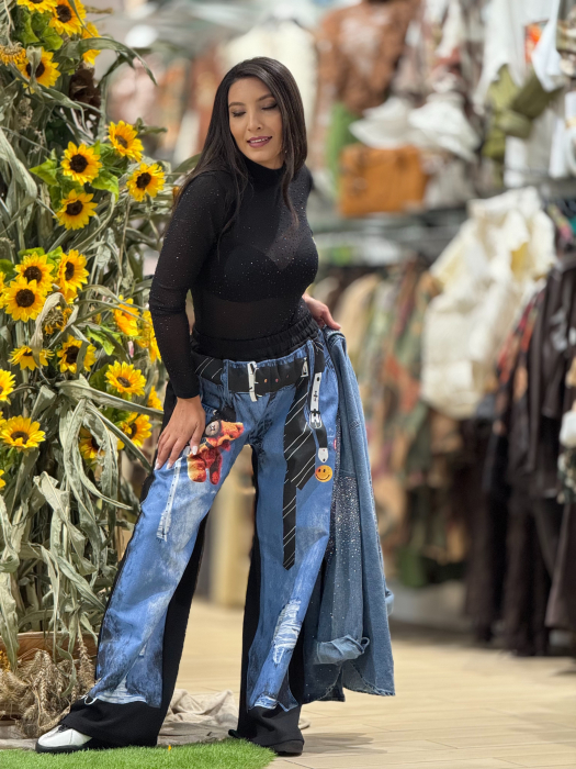 Pantaloni negri cu imprimeu denim si ursulet [2]