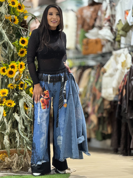 Pantaloni negri cu imprimeu denim si ursulet [4]