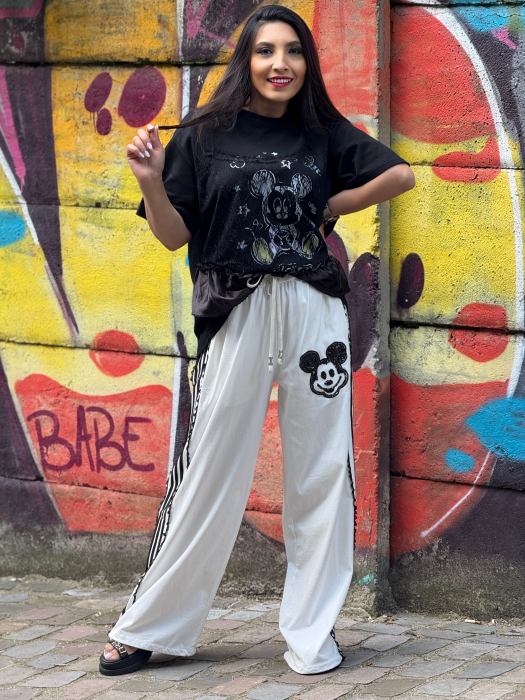 Pantaloni sport cu dungi laterale si imprimeu Mickey Mouse [3]