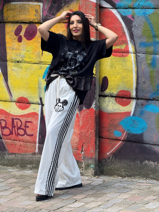 Pantaloni sport cu dungi laterale si imprimeu Mickey Mouse [1]