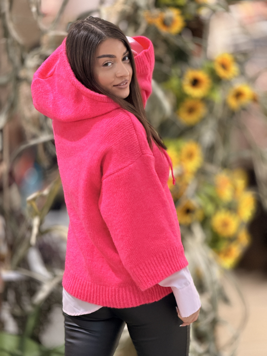 Pulover tricotat fucsia cu gluga [2]