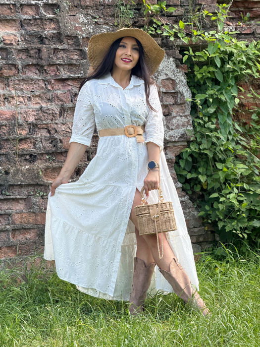 Rochie alba cu broderie si curea in talie [4]