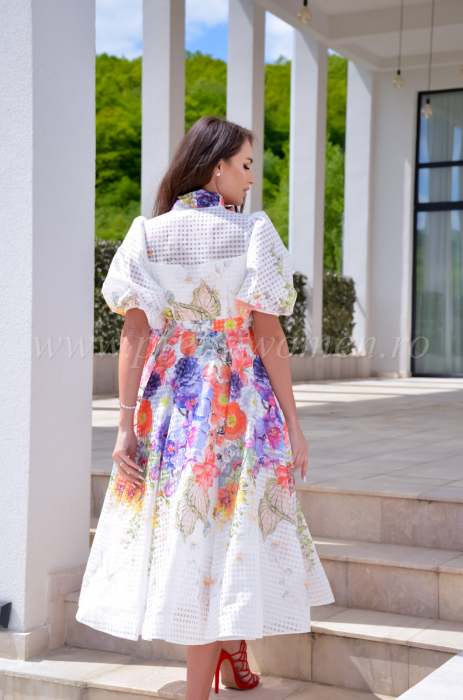 Rochie alba cu imprimeu floral si funda la gat [7]