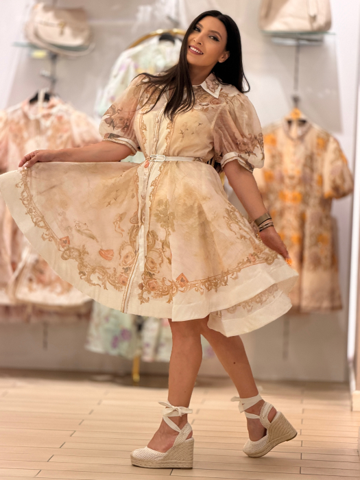 Rochie bej cu imprimeu floral si maneci bufante [4]