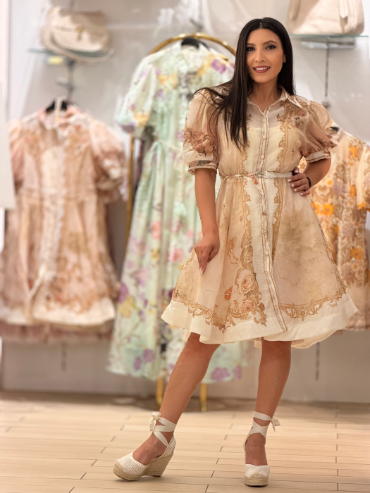 Rochie bej cu imprimeu floral si maneci bufante [2]