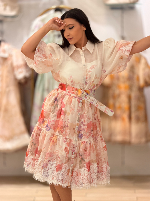 Rochie bej cu imprimeu floral si maneci bufante [5]