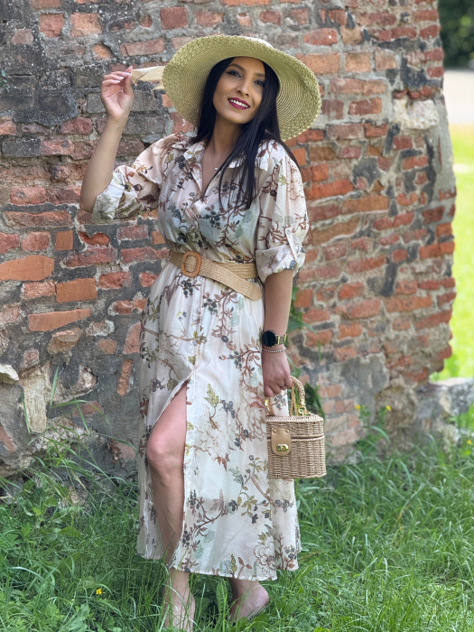 Rochie bej cu imprimeu si cordon in talie [4]