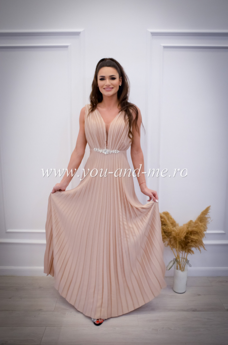 Rochie bej plisata cu pietricele aplicate [3]
