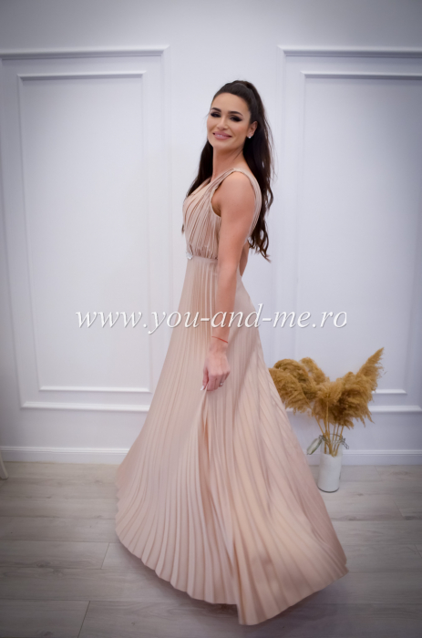 Rochie bej plisata cu pietricele aplicate [9]