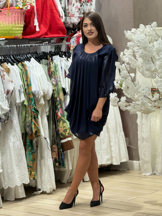 Rochie bleumarin cu pliuri si maneci din voal [3]