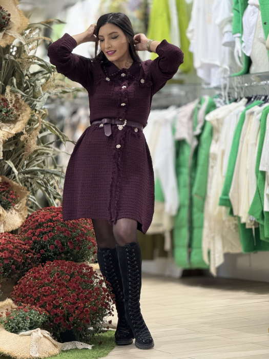 Rochie bordo cu guleras si curea cu perlute [3]