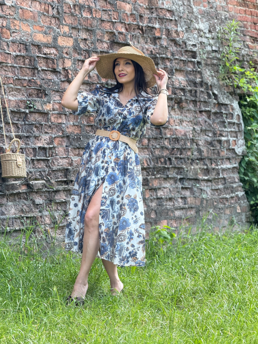 Rochie cu imprimeu floral albastru si curea in talie [2]