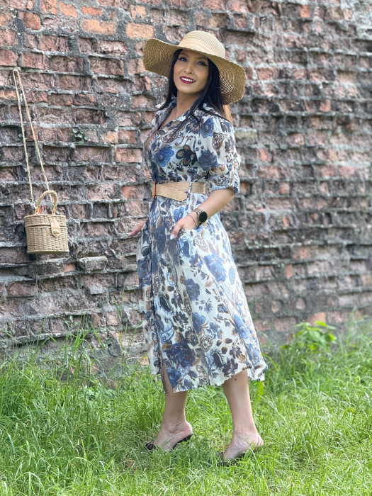 Rochie cu imprimeu floral albastru si curea in talie [5]