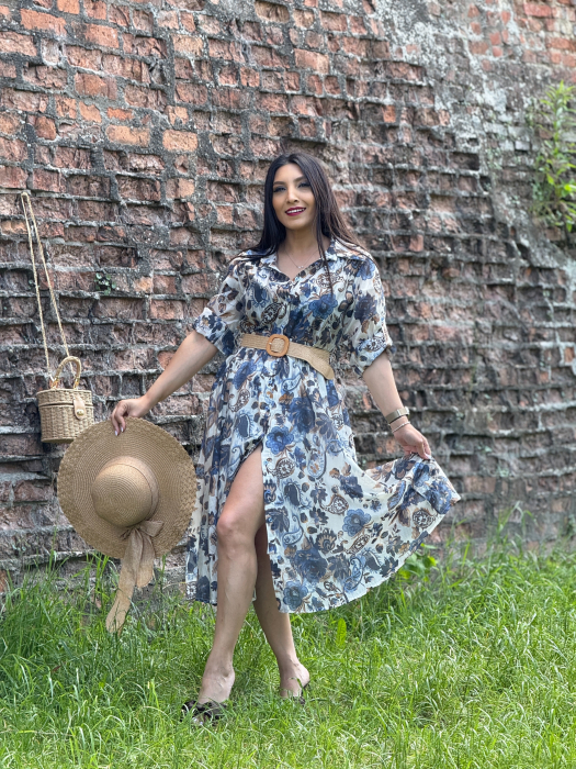 Rochie cu imprimeu floral albastru si curea in talie [1]