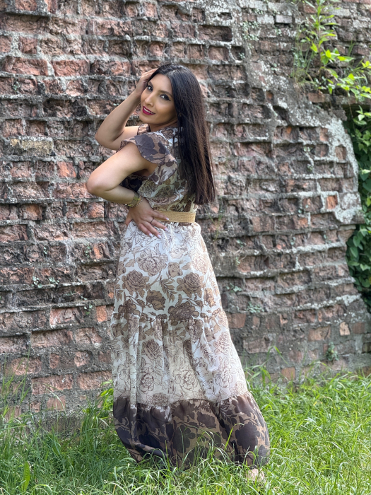 Rochie cu imprimeu floral bej-maro si maneci vaporoase [4]