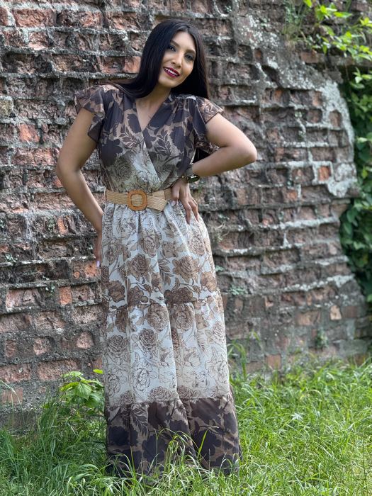 Rochie cu imprimeu floral bej-maro si maneci vaporoase [2]