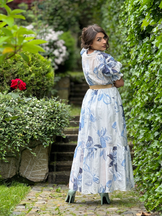 Rochie cu imprimeu flori albastre si cordon in talie [5]