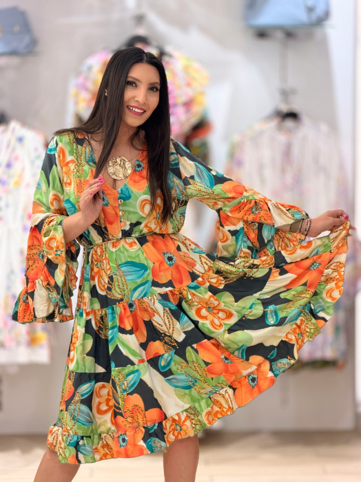 Rochie din matase si vascoza cu flori portocalii [7]