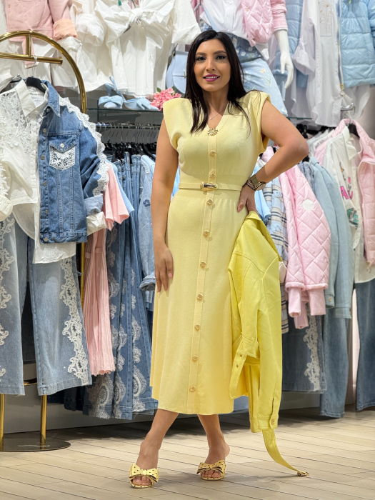 Rochie din ticot fin cu decolteu in V, nasturi aurii decorativi si curea in talie [2]