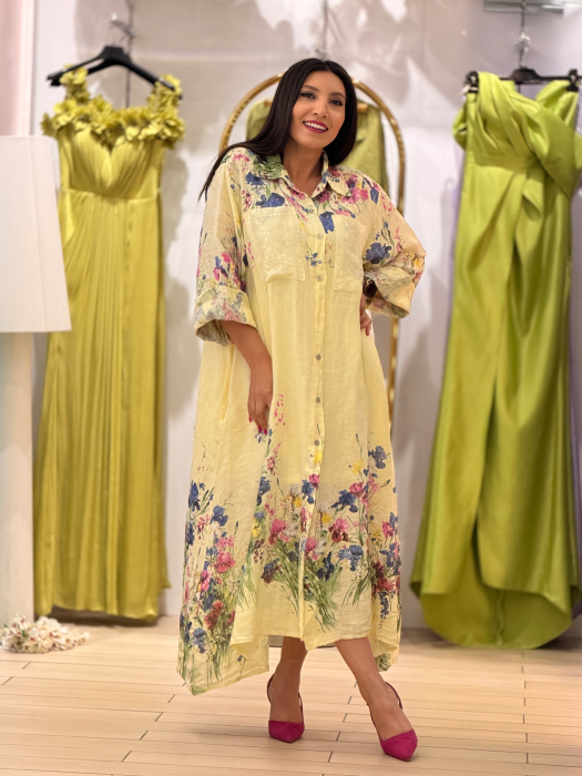 Rochie galbena din in cu impimeu flori [2]