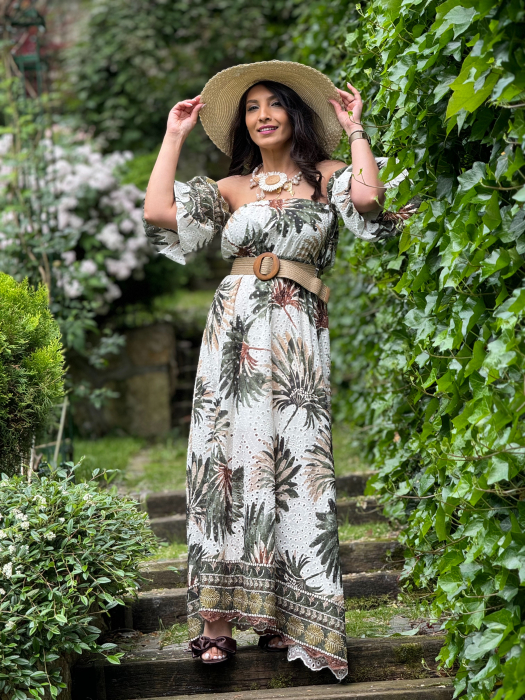 Rochie lunga cu broderie si imprimeu tropical [3]