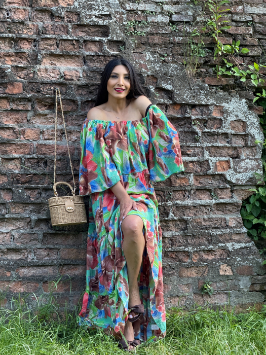Rochie lunga cu elastic in partea de sus si print tropical [2]