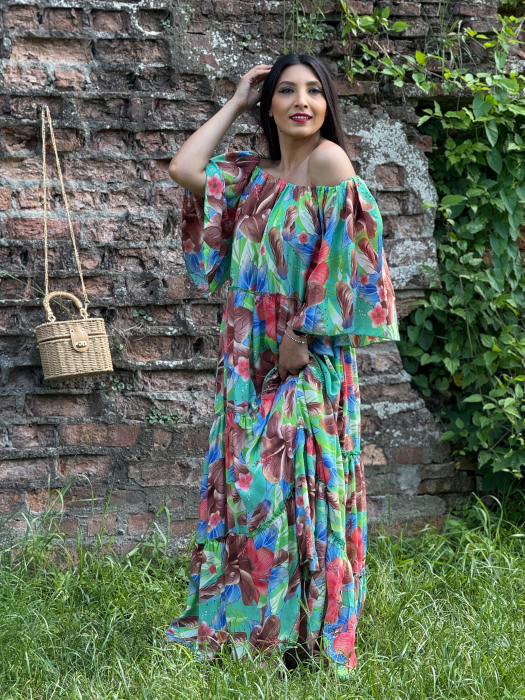 Rochie lunga cu elastic in partea de sus si print tropical [3]