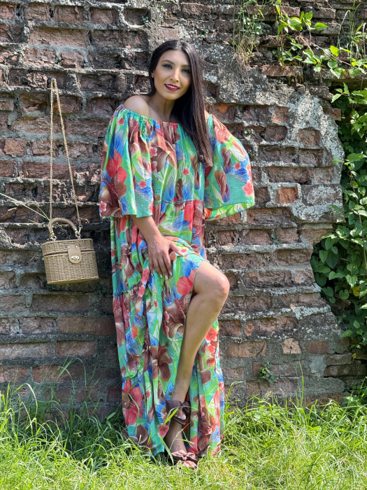 Rochie lunga cu elastic in partea de sus si print tropical [5]