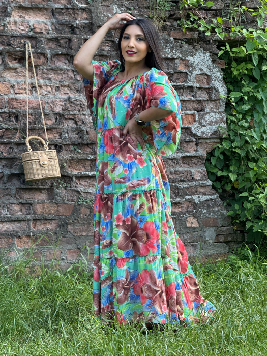 Rochie lunga cu elastic in partea de sus si print tropical [6]