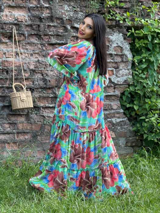 Rochie lunga cu elastic in partea de sus si print tropical [7]