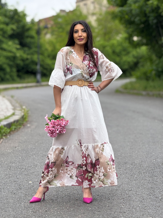 Rochie lunga cu imprimeu fluturi si flori [5]