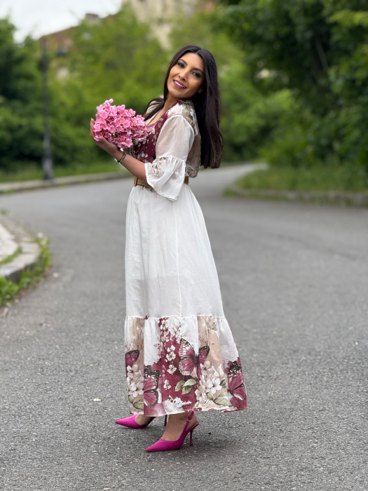 Rochie lunga cu imprimeu fluturi si flori [4]