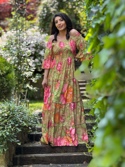 Rochie lunga cu umeri goi si imprimeu floral [2]