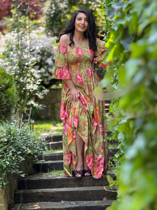Rochie lunga cu umeri goi si imprimeu floral [3]