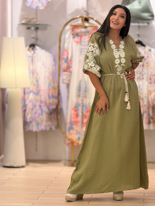 Rochie lunga kaki cu broderie florala alba [2]