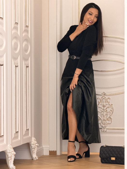 Rochie lunga neagra cu efect de piele intoarsa si dantela [4]