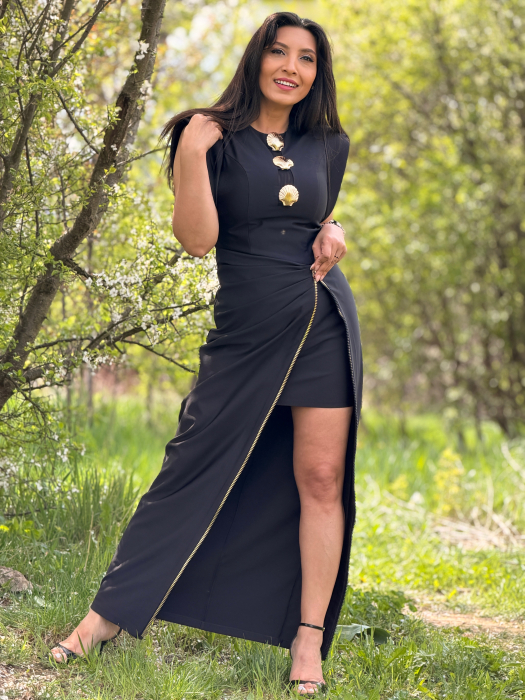 Rochie lunga neagra cu nasturi si fermoar decorativ [2]