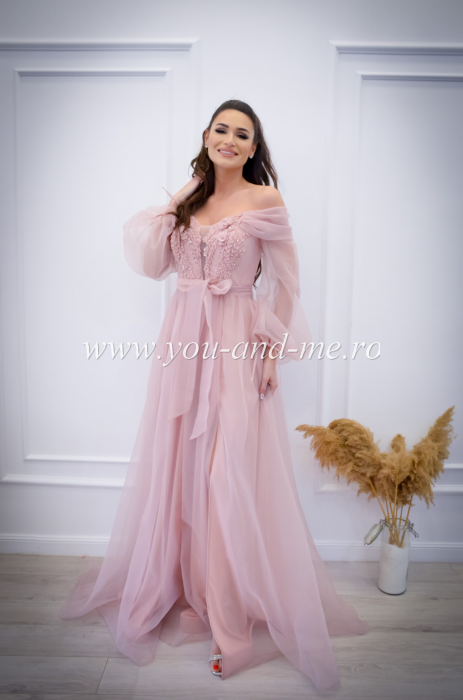 Rochie lunga roz din tull cu broderie [3]