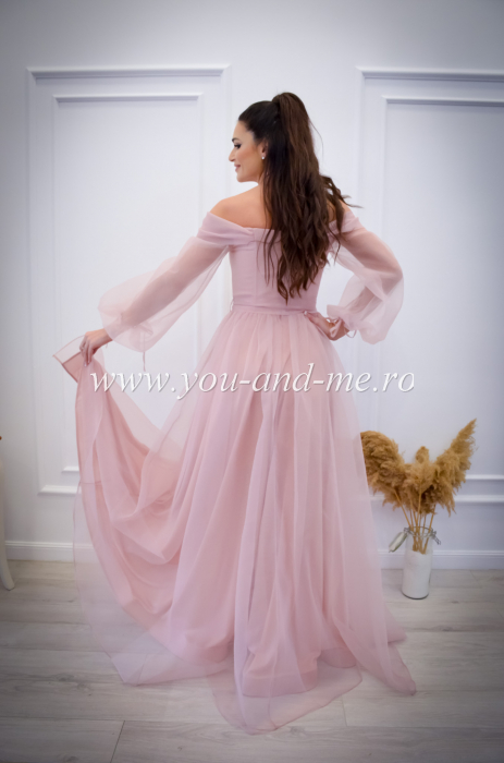 Rochie lunga roz din tull cu broderie [6]